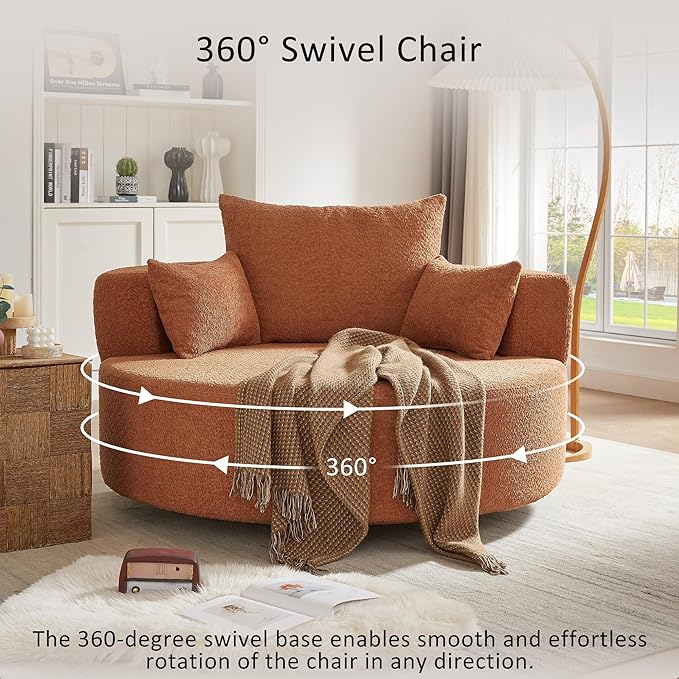 Oversized 360° Swivel Barrel Chair for Living Room Modern Comfy 56.3'' Round Boucle Reading Accent Chair with Extra Wide &amp Deep Seat Overstuffed Cushions Easy Assembly Sienna Red
