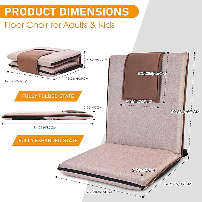Floor Chair with Back Support 14-Position Adjustable Floor Chair Portable Ground Seating for Adults &amp Kids Foldable Meditation Seat with Japanese KOYO Bearings &amp Washable Linen Cover (Coffee)