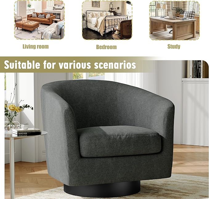 Swivel Barrel Accent Chair Modern 360° Swivel Round Barrel Chairs with Curve Back Upholstered Chenille Fabric Armchair Single Sofa Club Chair for Living Room Bedroom Gray