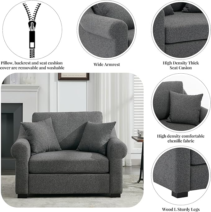Modern Chenille Oversized Armchair 44.5 Wide Accent Chair Luxurious Chenille Fabric Single Sofa Chair with Pillows and Wide Armrests Living Room Apartment Offices (Grey-44.5'')