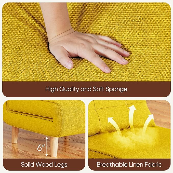 Ahomly 3 in 1 Sleeper Chair Bed Chair Bed Sleeper for Adults with 6 Angle Adjustable Backrest Convertible Single Futon for Living Room/Apartment/Office Yellow