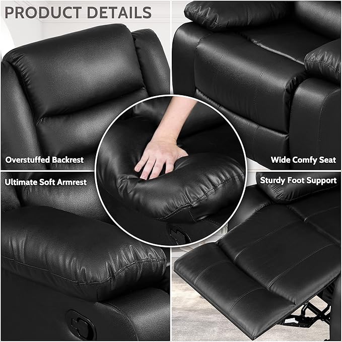 PrimeZone Oversized Rocker Recliner Chair - Comfy Wide Lazy Boy Recliner Chair with Overstuffed Armrest Faux Leather Manual Reclining Chairs for Living Room Bedroom Home Theater Black Set of 2