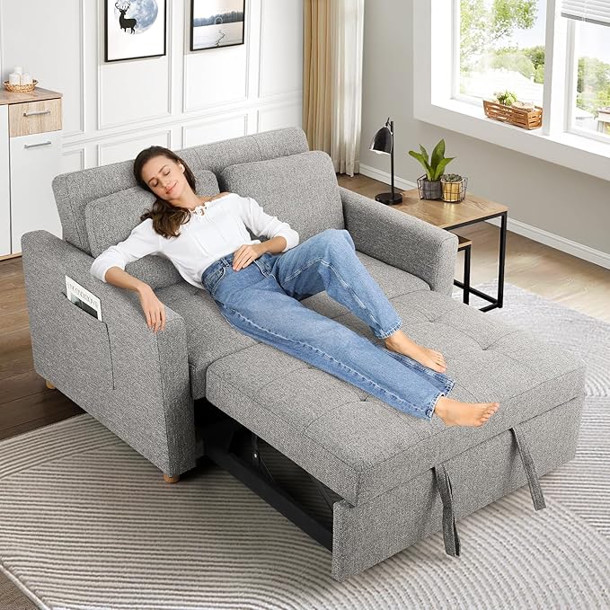 SEJOV Convertible Sofa Bed 3-in-1 Sleeper Sofa Pull Out Couch Bed 2-Seater Linen Fabric Loveseat Futon Sofa with Spring Support Adjustable Backrest for Small Spaces Living Room Grey