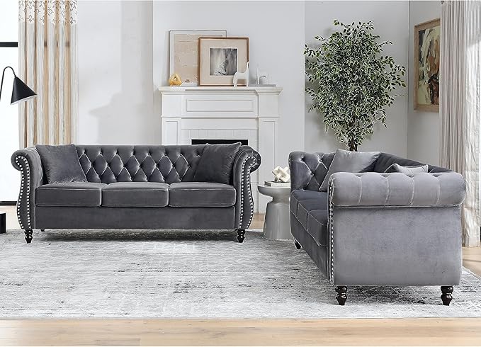 KEIKI Chesterfield Sofa Retro Style Upholstered 3+3 Seats Velvet Couch with Rolled Arm for Living Room Bedroom Office Grey