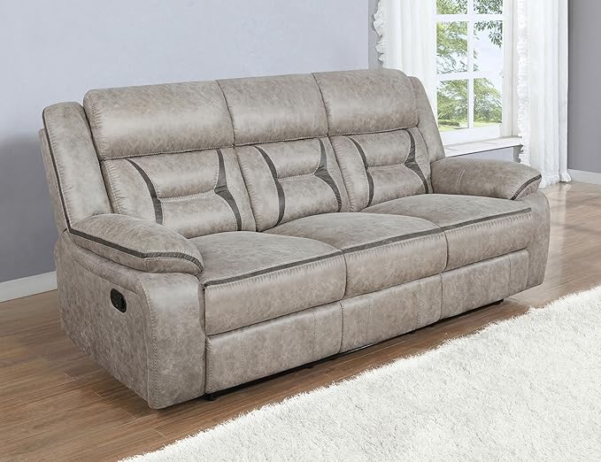 Coaster Home Furnishings - Greer - Fabric - Upholstered Motion Reclining Sofa with Drop-Down Console Stainless Steel Cupholders - Living Room - 30-Inch - Taupe - 651351