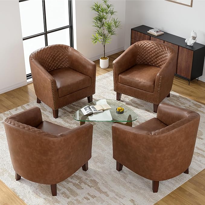 UIXE Faux Leather Barrel Accent Chairs Set of 4 Modern Club Upholstered Arm Chair Comfy Armchair Nailed Trim Living Room Single Sofa Reading Seat Bedroom Side Sitting for Office Brown