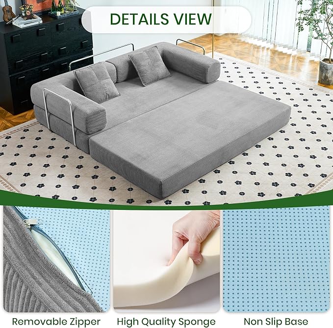 Compression Sofa - 62''Convertible Floor Sofa Bed - with Pillow Back Support Armrest - Comfy Foldable Sofa Bed Compressed Sofa in Box - Corduroy Fabric - for Living Room Bedroom (Gray)