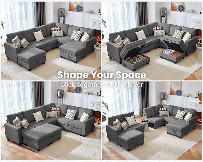 CHIC HOUSE Modular Sectional Couch| Corduroy L Shaped Sleeper Sofa U-Shape Sofa Bed Convertible Chaise with Storage Ottoman for Living Room Modern Furniture (Dark Grey 8 Seater L-Shaped)