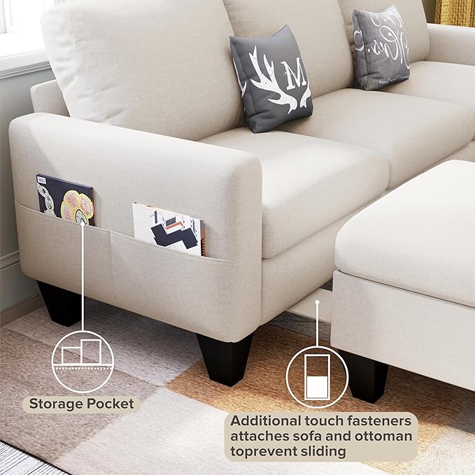 78 Sectional Sofa Couches for Living Room Beige Convertible L Shaped Couch with Storage Ottoman Deep Seat Pet-Friendly Linen Fabric Sofa Set for Small Space Apartment Dorm