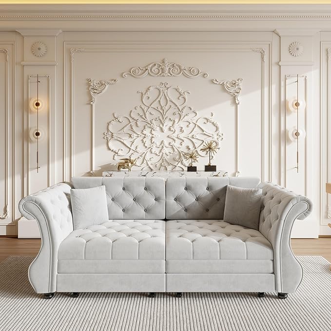 83.8'' Sleeper Sofa Bed Queen Convertible Pull Out Couch Chesterfield Futon Sofa Bed with Flower-Tuffed Back Velvet Daybed 2 Pillows Loveseat Couches for Living Room Bedroom Light Gray