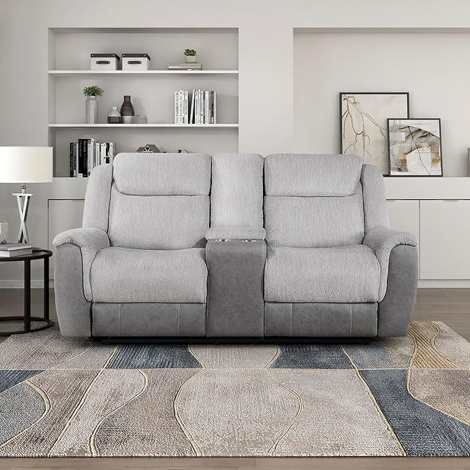 Lexicon Manual Reclining Loveseat for Living Room Chenille Double Recliner Loveseat Center Storage Console/Home Theater Seating/Wall Hugger/Padded Headrest Required Assembly Two-Tone Gray