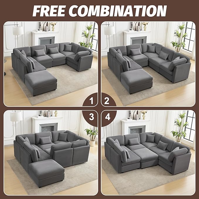 125 Inch Oversized Corduroy Cloud Couch U Shaped Modular Sectional Sofa 7 Seat Convertible Modular Sleeper Sofa Couch with Storage Sectional Couches for Living Room Grey