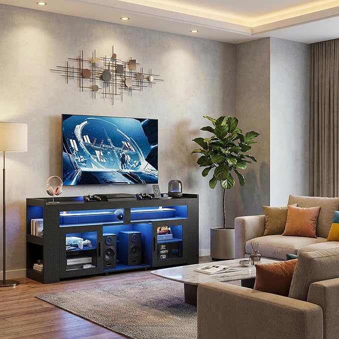 IRONCK TV Stand for TVs Up to 60 with Charging Station LED Entertainment Center Modern Carbon Fiber Media Console with Adjustable Glass Shelves &amp 2 Doors Organize Your Gaming &amp Living Room