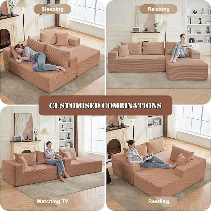 110” Cloud Sectional Couch Boneless Sofa for Living Room Modular Sectional Sofa with Deep Seat Comfy Fluffy Couch with L-Shaped Chaise No Assembly Required (Right-Facing Chaise Camel)