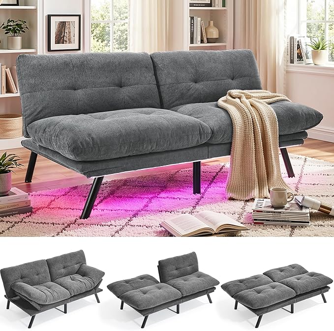 YITAHOME Convertible Futon Sofa Bed with Adjustable 3 Color Light Strip 70 Folding Futon Set for Living Room Home Office Aprtment Modern Futon Couch with Adjustable Backrest &amp Armrests Grey