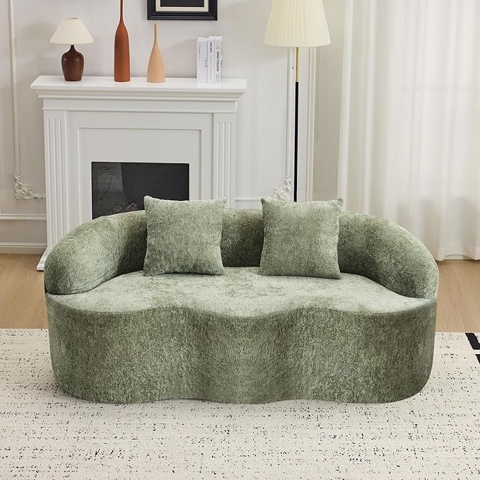 66.93 Curved Loveseat 2 Seater Foam Sofa Soft Chenille Round Couch Cloud Sofa Deep Seat Love Seat with 2 Pillows Modern Boneless Compression No Assembly Comfy Small Couches for Small Spaces (Green)