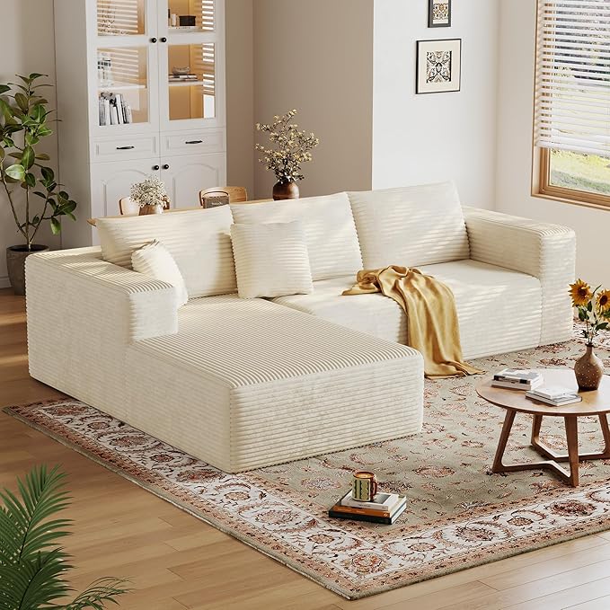 108'' Sectional Boneless Couches for Living RoomCloud Sectional Couch with L-Shape ChaiseModern Corduroy Modular Sofa with Deep SeatNo Assembly Required(Left Facing ChaiseBeige)