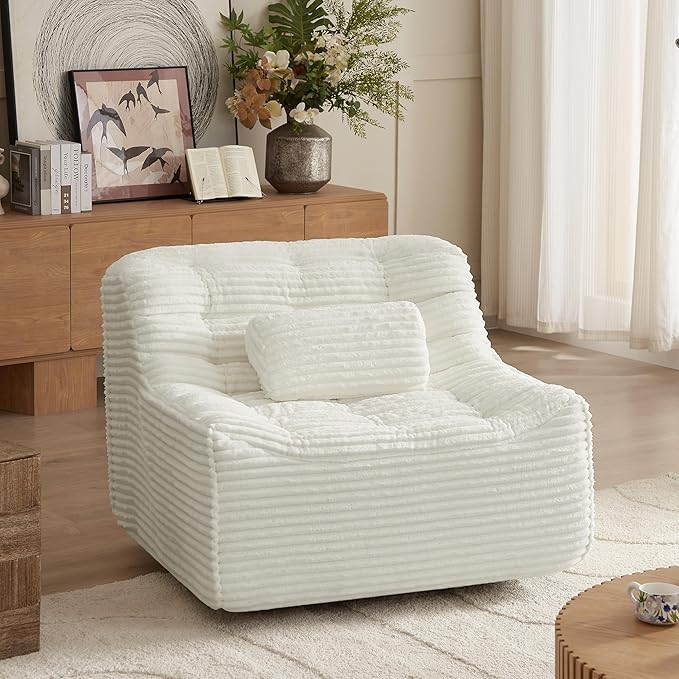 Vyneltio Oversized Swivel Accent Chair Corduroy Upholstered Book Nook Chair Big Lazy Sofa Chair for Living Room Bedroom Dorm Office-Beige