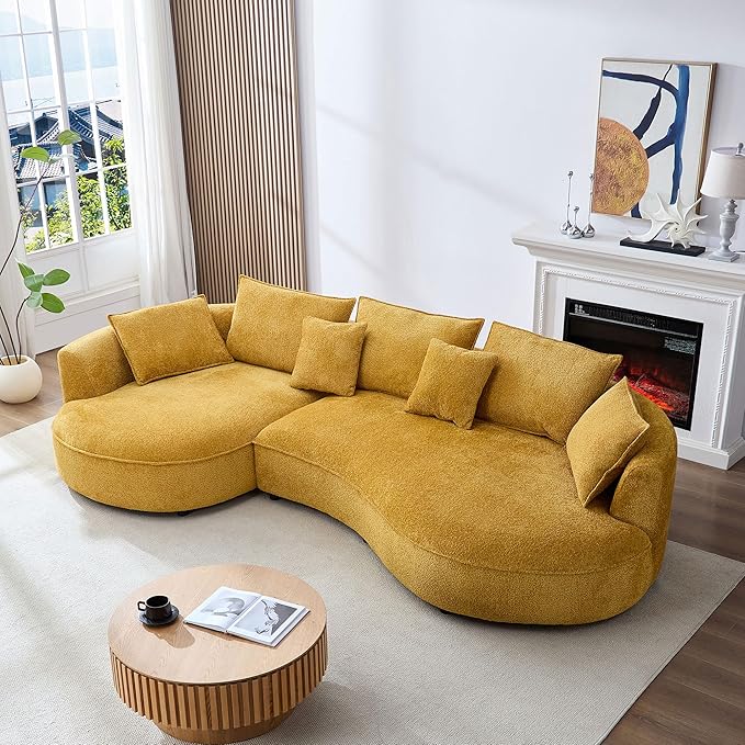 124.8 Yellow Bonded Curved Sofa Living Room Cloud Couch Modern Upholstery Boucle Sofa Comfy Lazy Cream White Modular Sectional Sofa with Pillows for Bedroom Apartment Left Facing