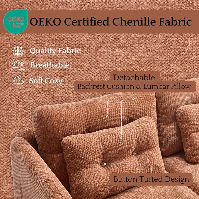 LukeAlon Modular Sectional Sofa Couch with Waist Pillow Modern 3 Seater Chenille Sofa Set 82.5 Comfy Upholstered Lounge Sofa Cloud Couches for Living Room Apartment Office Light Brown