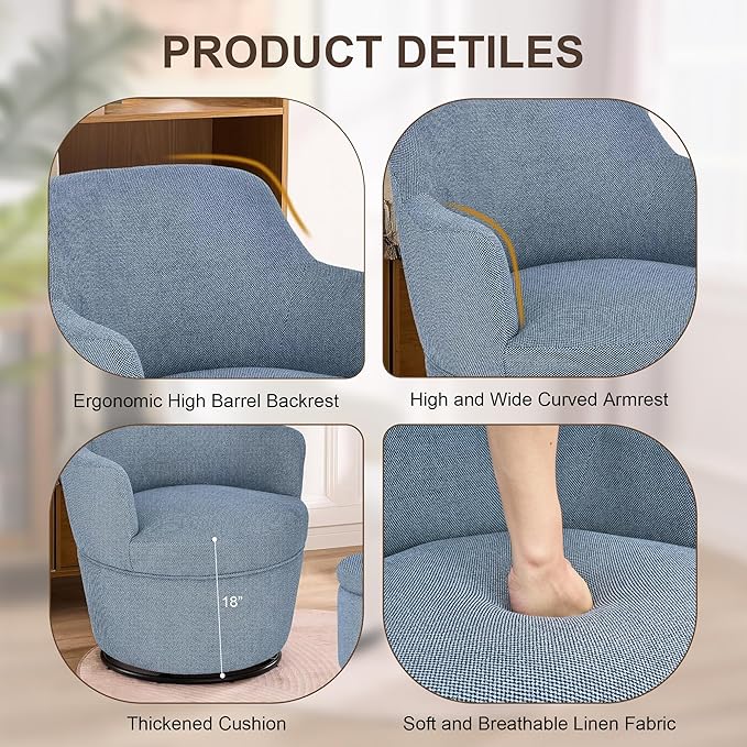 LOULENS Swivel Accent Chair and Ottoman Set Linen Fabric Upholstered Modern Barrel Chair with Ottoman Comfy Single Sofa Armchair with Footrest for Living Room Bedroom Reading Blue