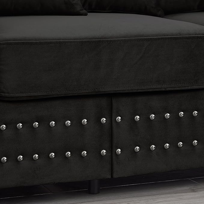 84.5 Wide 3-Seater Velvet Sofa with Storage Mid Century Modern Chesterfield Couch Upholstered Love Seat with Deep Seat &amp Retro Trim Black Velvet Couch for Living Room Office Apartment (Black)