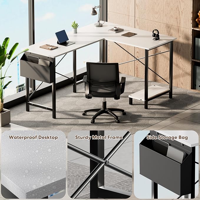 YSSOA 50 L Shaped Gaming Desk with Reversible Corner - Home Office Computer Desk with Wood Top Metal Frame CPU Stand &amp Storage Bag for Small Space Gaming Room White