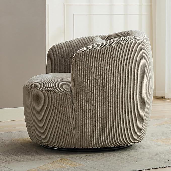 34.25 Swivel Barrel Chair Round Accent Barrel Chair Modern Wide Armchair Upholstered Corduroy Lounge Comfortable Sitting Single Seat Rotating Base for Living Room Office Chair Light Gray