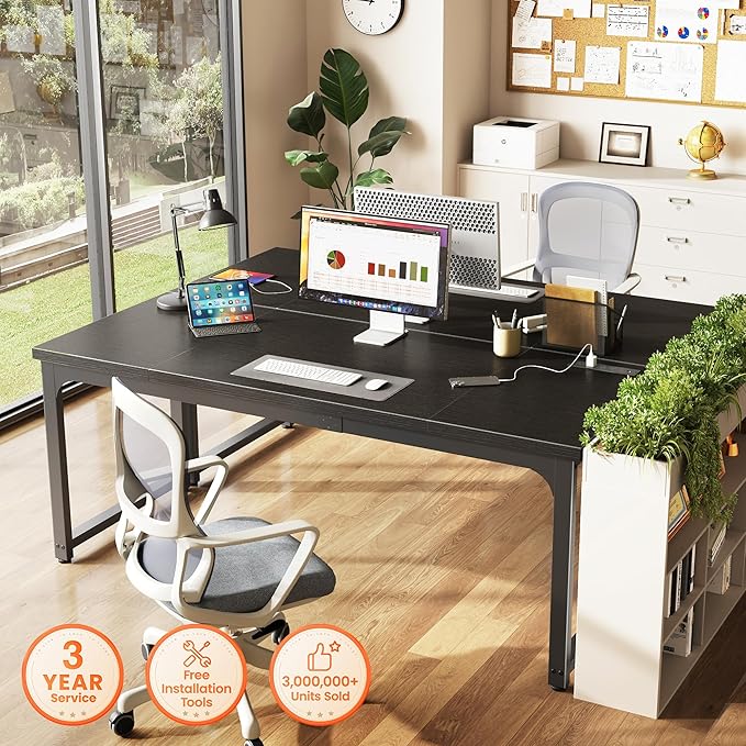 Huuger 63 x 24 inch Desk with Power Outlets &amp USB-C Deeper &amp Thicker Desktop Robust Metal Tubes Computer Desk Heavy Duty Office Desk Work Gaming Desk for Home Office Black