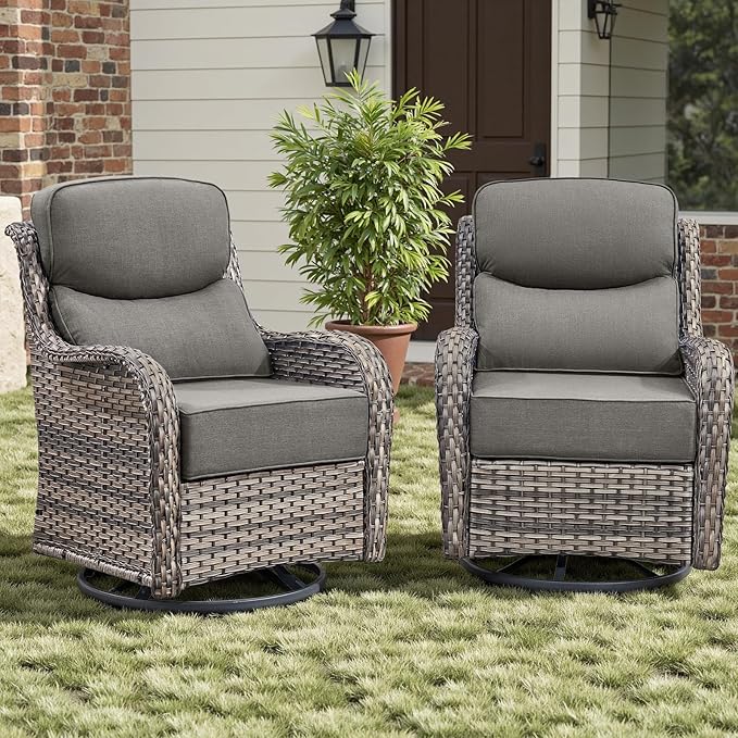 Rilyson Outdoor Swivel Rocker Chairs - All Weather Resistant Wicker Patio Furniture Set of 2 with High Back and 6 inch Thick Cushions for Deck Porch Yard and Poolside Mixed Grey/Grey