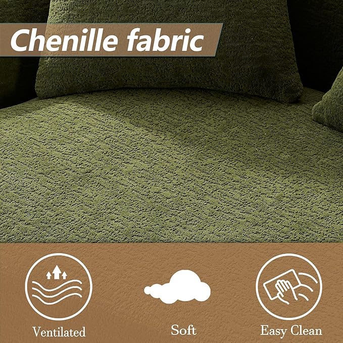 65” Green Curved Couch&amp Loveseat Sofa with 3 Pillows Compression Couch with Round Armrest Suitable for Small Space Bedroom Living Room Memory Foam Chenille No Assembly (Green)