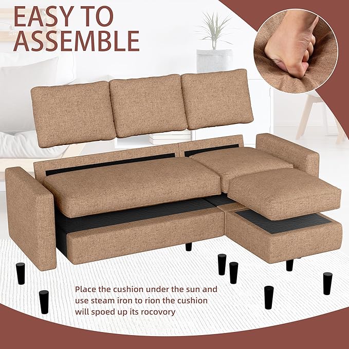 JAMFLY Sectional Couch Sofa Convertible L Shaped Sofas with Ottoman Small Sectional Sofa for Living Room 3 Seater Couch for Small Spaces Brown