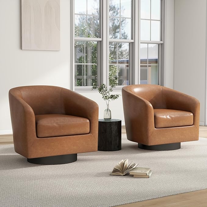 Swivel Barrel Chair Modern Round PU Leather Accent Armchair for Living Room Bedroom Oversized Comfy Club Reading Chairs for Adults (Leather Brown Set of 1)