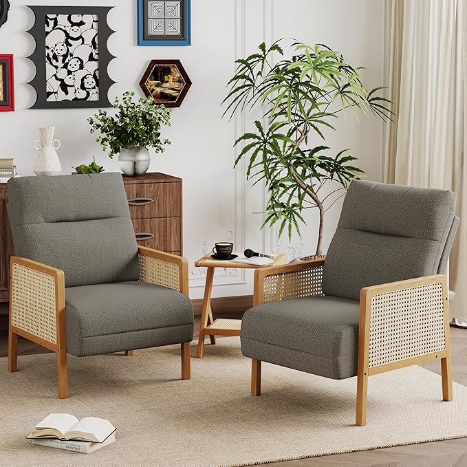 Andeworld Taupe Accent ChairsUpholstered Modern Living Room Chairs with Natural Rattan Arm Side Chair for Bedroom Club Balcony Reception Room