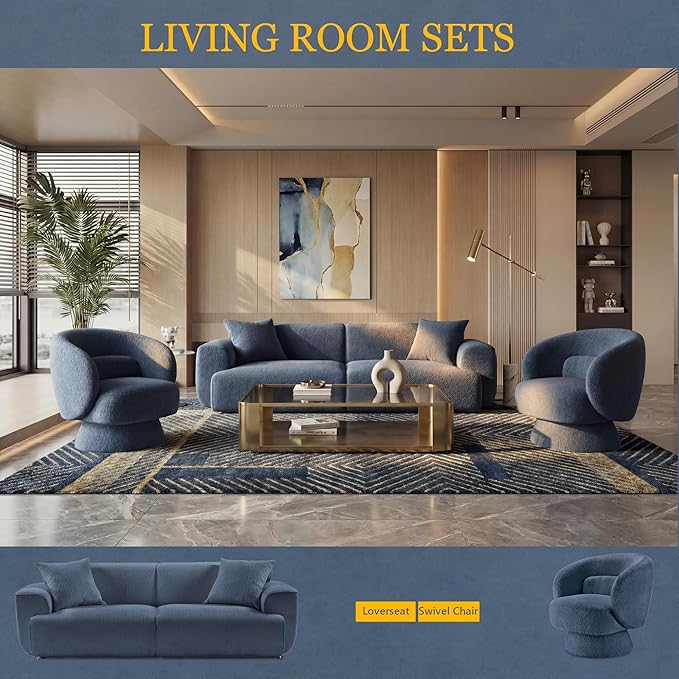 Modern 91'' Wide Cloud Couch Sofa Love Seat Couches W/Solid Frame Friendly Couch W/Boucle Couch Cozy Fabric with 2 Pillow &amp Rectangular Arm for Apartment Blue