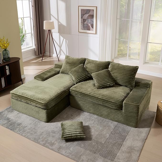 99 Cloud Modular Sectional CouchL-Shape Sofa Couch with Deep SeatModern Boneless Compressed Sofa with Chaise3 Seater Corduroy Couches for Living Room Bedroom No Assembly Required (Green)