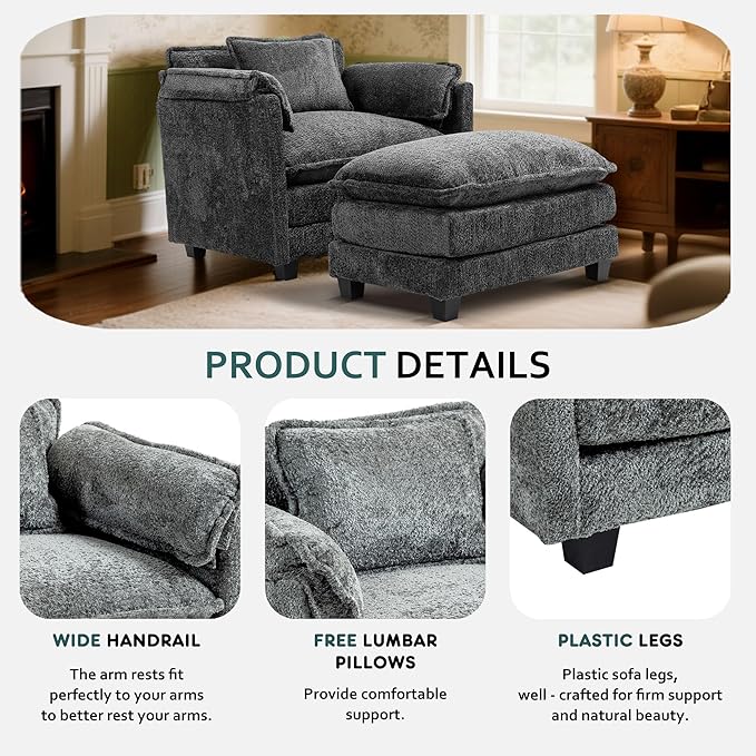 KEIKI Boucle Oversized Reading Chair with Storage &amp Ottoman 40 W Modern Accent Chair W/Double Deep Cushion Seating Comfy Upholstered Single Sofa Lounge Armchair for Living Room Bedroom Drak G