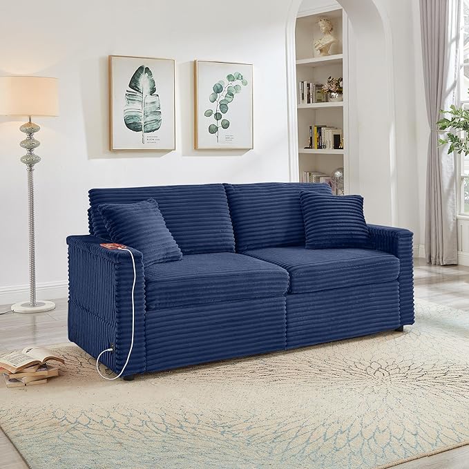 Chaise Lounge Chair Indoor 68 W Corduroy Loveseat Sectional Couch with Sorage Ottoman/Wing Table/Charge Ports/Cup Holder Modern Comfy Deep Seat Reading L-Shape Sofa for Living Room Blue