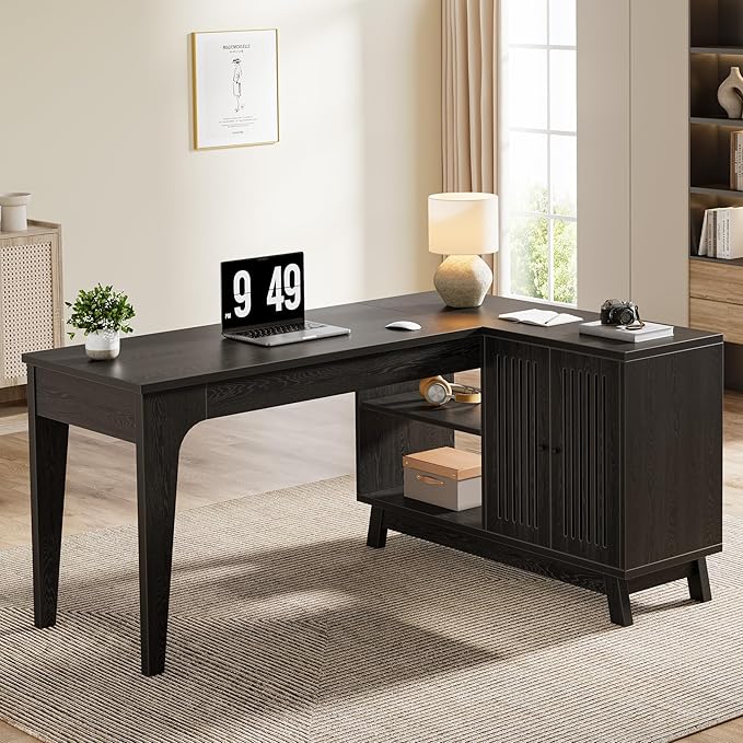 Tribesigns L-Shaped Desk with Storage Cabinet 57-Inch Wood Corner Workstation Home Office Computer Desk Study Writing Table (Black)