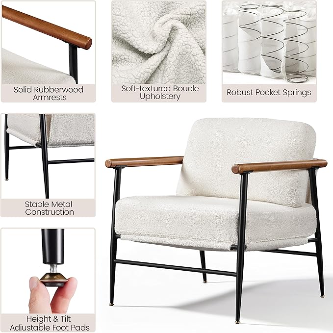 Topeakmart Mid-Century Boucle Accent Chair Reading Chair with Stylish Boucle Fabric Lounge Chair with Ultra-Long Armrest and Extra-Wide Seat for Living Room Lounge Office Ivory 2PCS