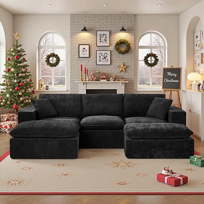 110 Sectional Couches for Living Room Boneless Couch Upholstered Cloud Couch Sectional Modular Sectional Sofa with L Shaped (Chenille-Black 3 Seat+2 Ottoman)