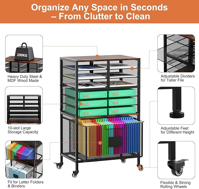 EasyPAG Rolling Cart with Storage Drawer Under Desk Filling Cabinet with Mail Sorter Pull Out Hanging File Rack for Letter Size Folders Mobile Utility Craft Cart for Home Office Black