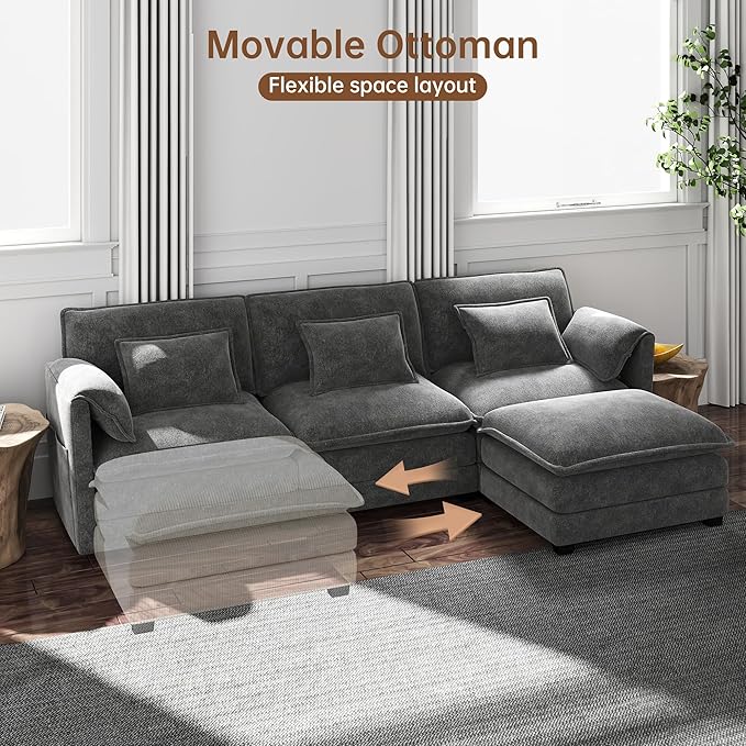 Modular Sectional Sofa 111'' L Shaped Couch Chenille Sofa with Movable Ottoman for Apartments Living Room and Commercial Space Dark Gray