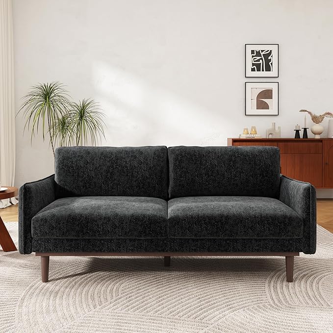 Christopher Knight Home Brena Modern Chenille Upholstered Loveseat Sofa Wooden 2 Seater Sofa Couch with Deep Seat Comfy Cloud Couch for Living Room Bedroom Home Office Black
