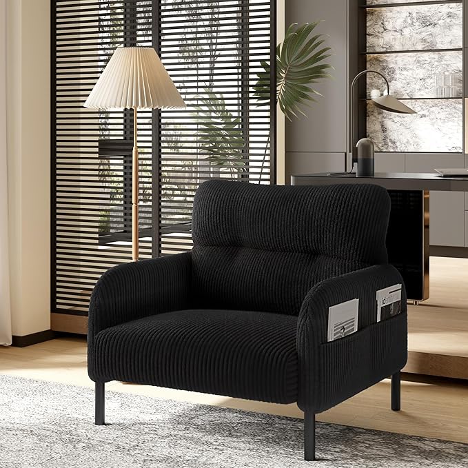 Black Accent Chair - Corduroy Living Room Chairs with Side Storage Pockets and Durable Legs Comfy Arm Reading Chair with Soft Backrest for Bedroom Balcony Study Room