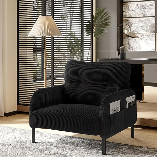 Black Accent Chair - Corduroy Living Room Chairs with Side Storage Pockets and Durable Legs Comfy Arm Reading Chair with Soft Backrest for Bedroom Balcony Study Room