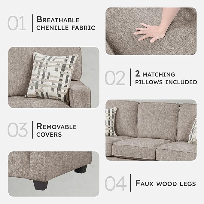 Lexicon 83.5 Chenille Upholstered Sofa Modern 3-Seater Couch with Track Arms Reversible Cushions Removable Cushion Cover Matching Pillows for Living Room/Apartment/Office Easy Assembly Taupe