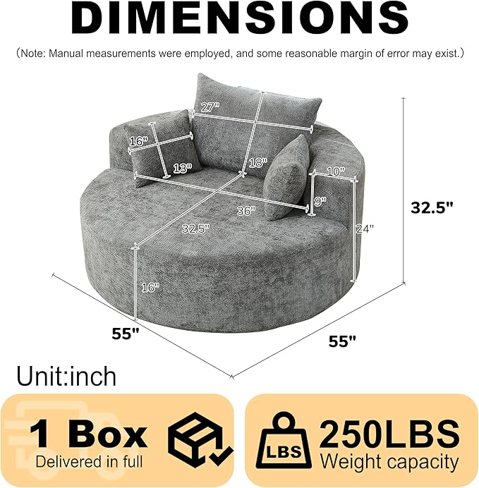 KEIKI 55 Oversized Swivel Accent Chair Chenille Barrel Chairs Upholstered Round Swivel Chair Single Sofa Armchair Sleeper Chair for Living Room Lounge Grey