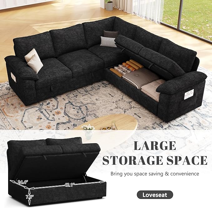85 Inch Modular Sectional Sofa with Pull Out Bed L Shaped 5 Seat Sectional Sleeper Sofa with Storage Sectional Couches for Living Room Cloud Modular CouchRemovable Sofa Cover Black