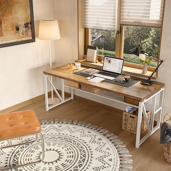 LITTLE TREE 63-Inch Executive Office Desk Large Computer Desk with Storage Shelf Executive Desk with Metal Frame Thickened Desktop Study Writing Desk Work Station for Home Office Rustic + White